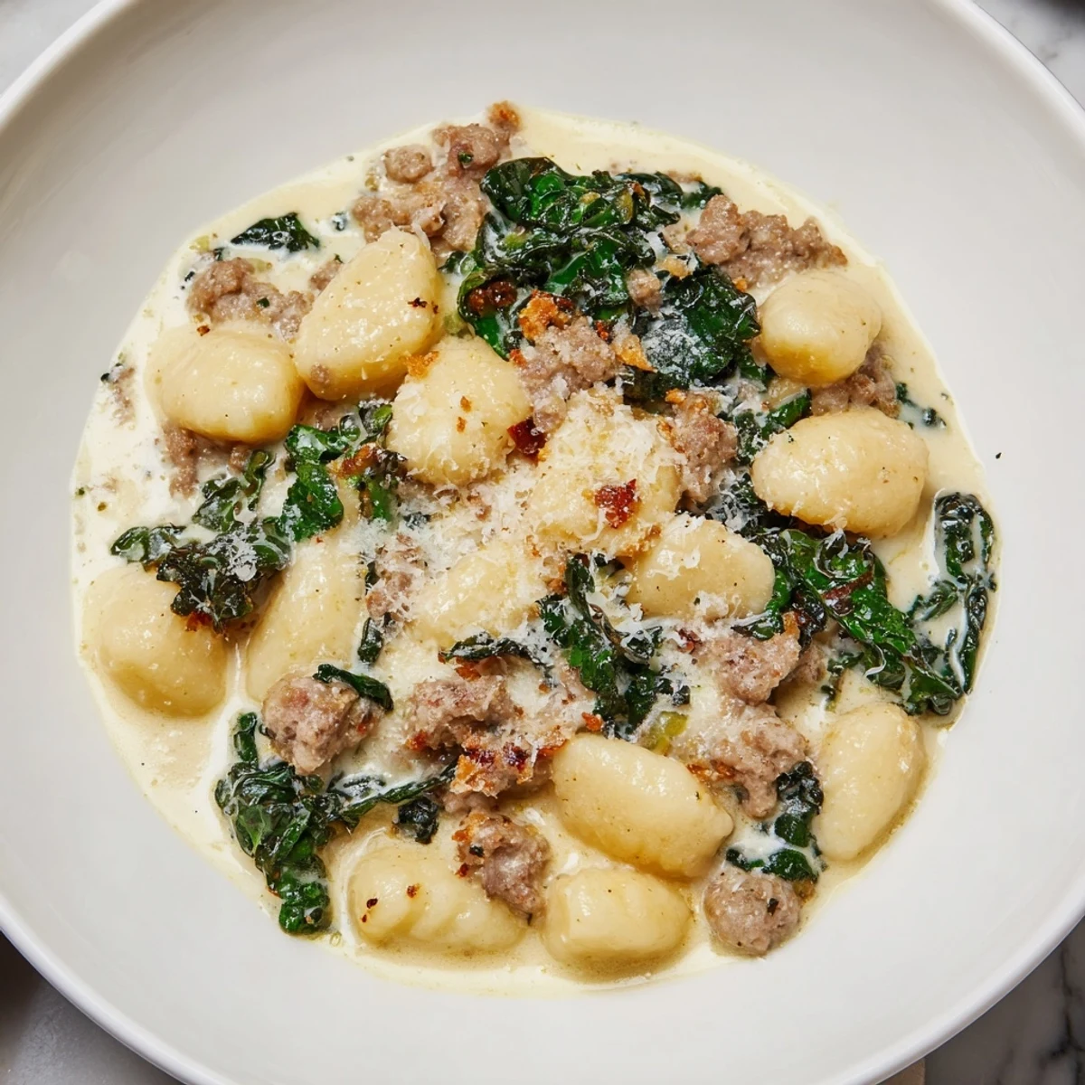 A close-up of creamy gnocchi with sausage and kale in a white bowl, topped with Parmesan and red pepper flakes.  