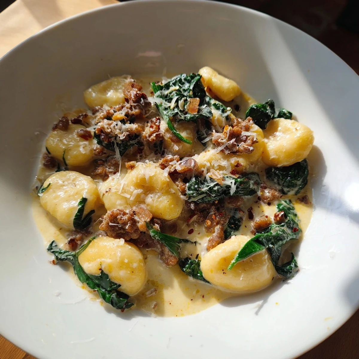 Hearty Italian-inspired gnocchi with sausage and kale served warm, with crusty bread on the side for soaking up sauce.  