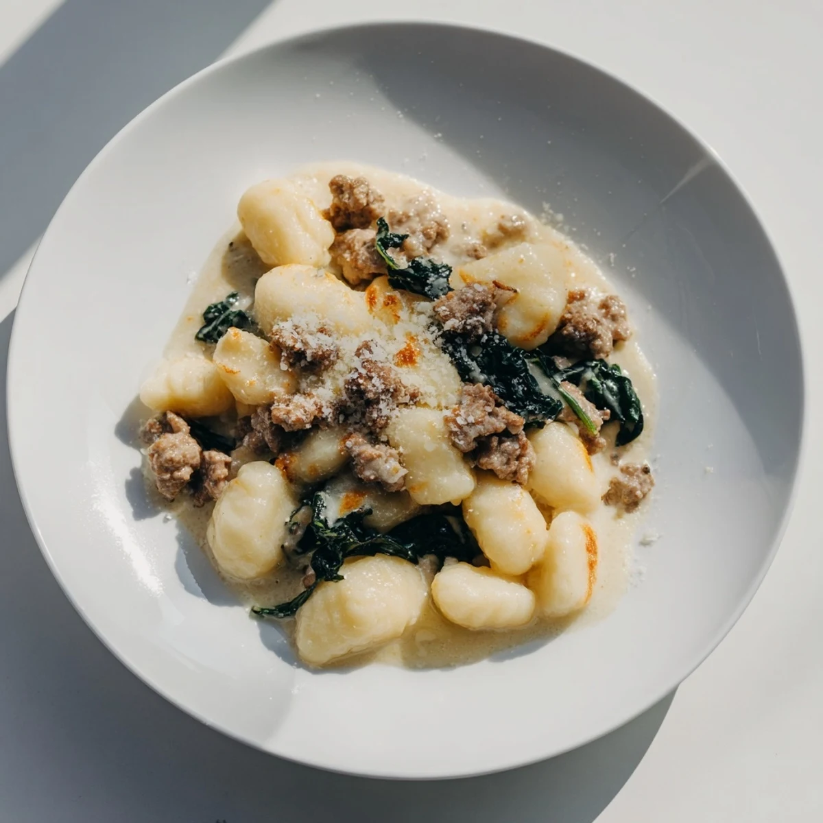 Steaming skillet of creamy gnocchi tossed with crumbled Italian sausage and vibrant kale, garnished with grated Parmesan.