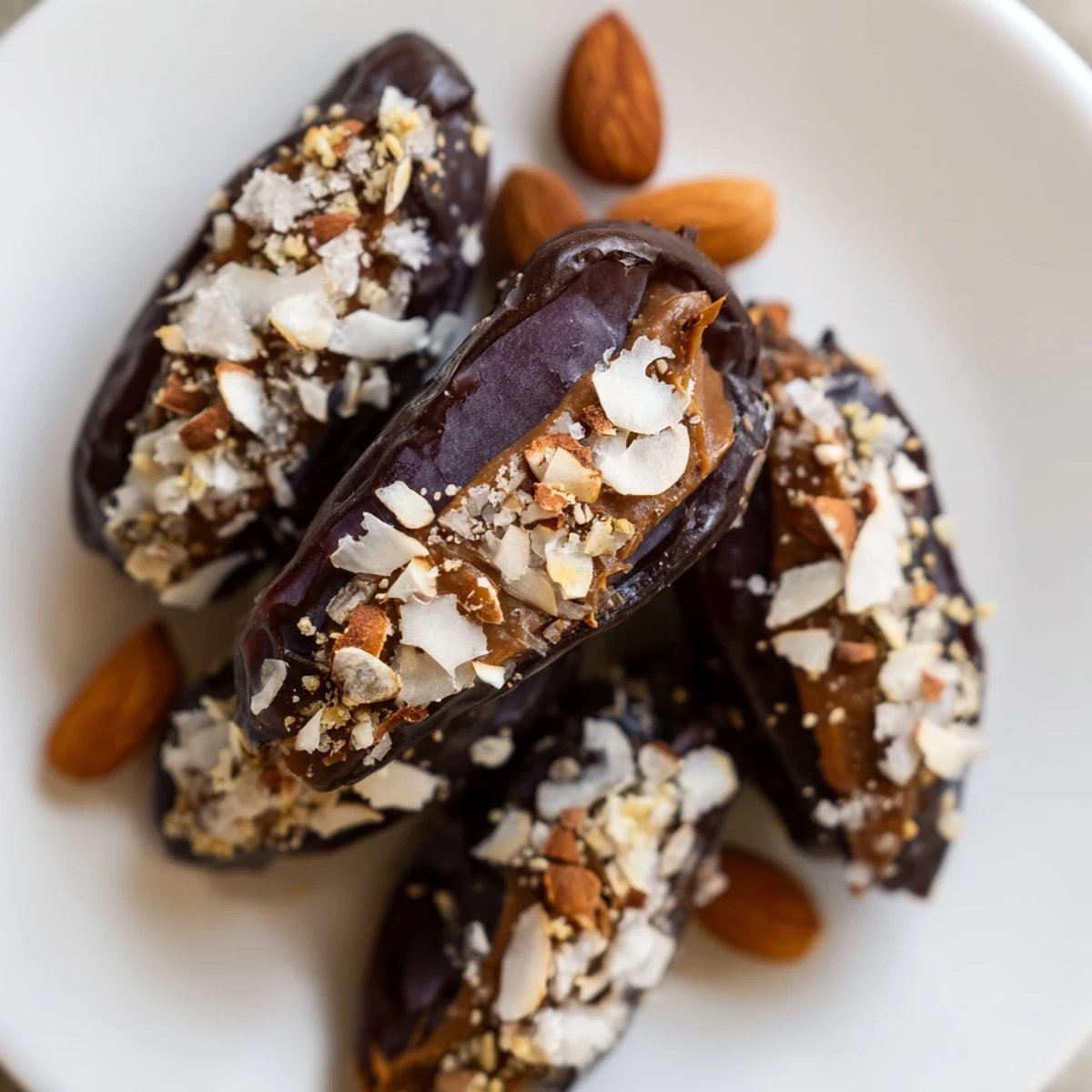 A close-up of chocolate covered dates with almond butter filling and chopped roasted almonds.  