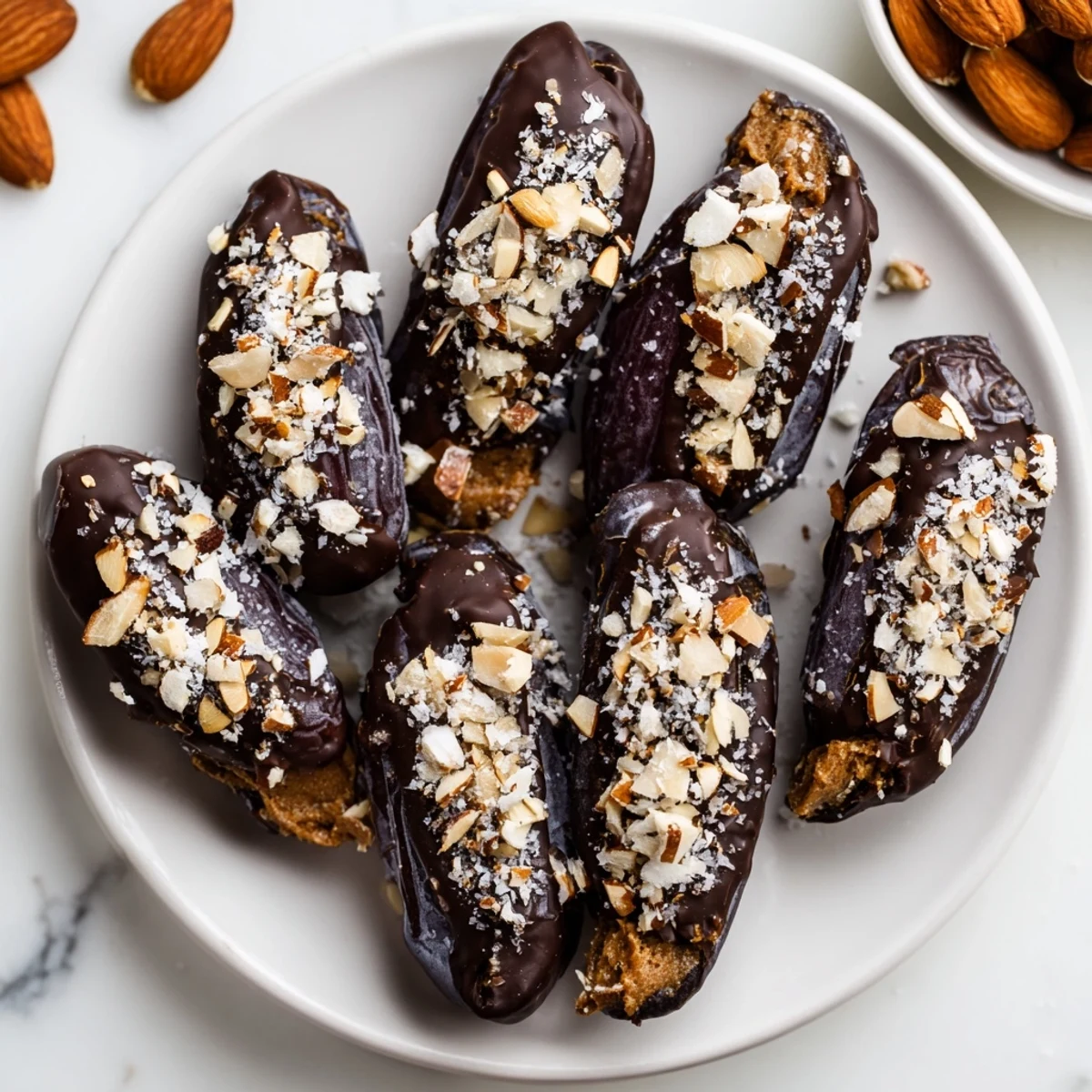 Glistening dark chocolate coated dates stuffed with creamy almond butter and topped with flaky sea salt.  