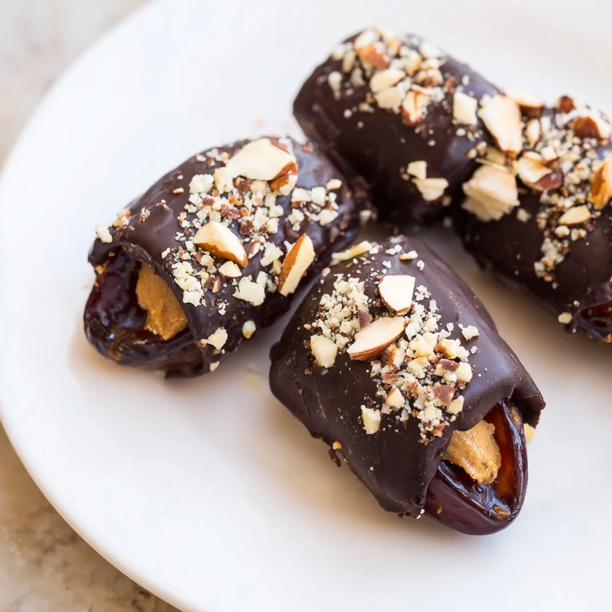 These chocolate covered dates stuffed with almond butter make an easy, elegant dessert for sharing.
