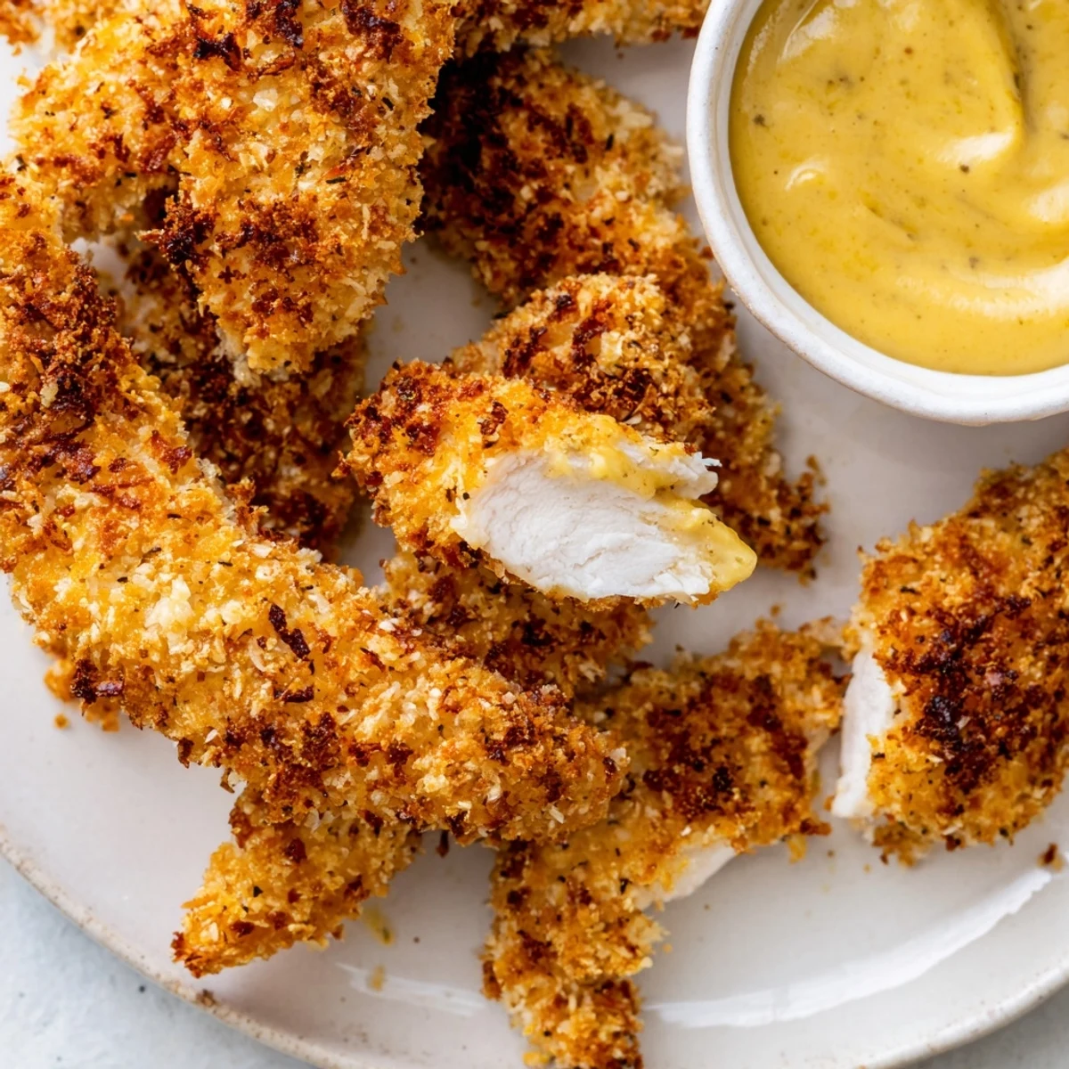 Crispy Baked Chicken Tenders with Honey Mustard are golden and crunchy, served with a creamy dipping sauce on a platter.