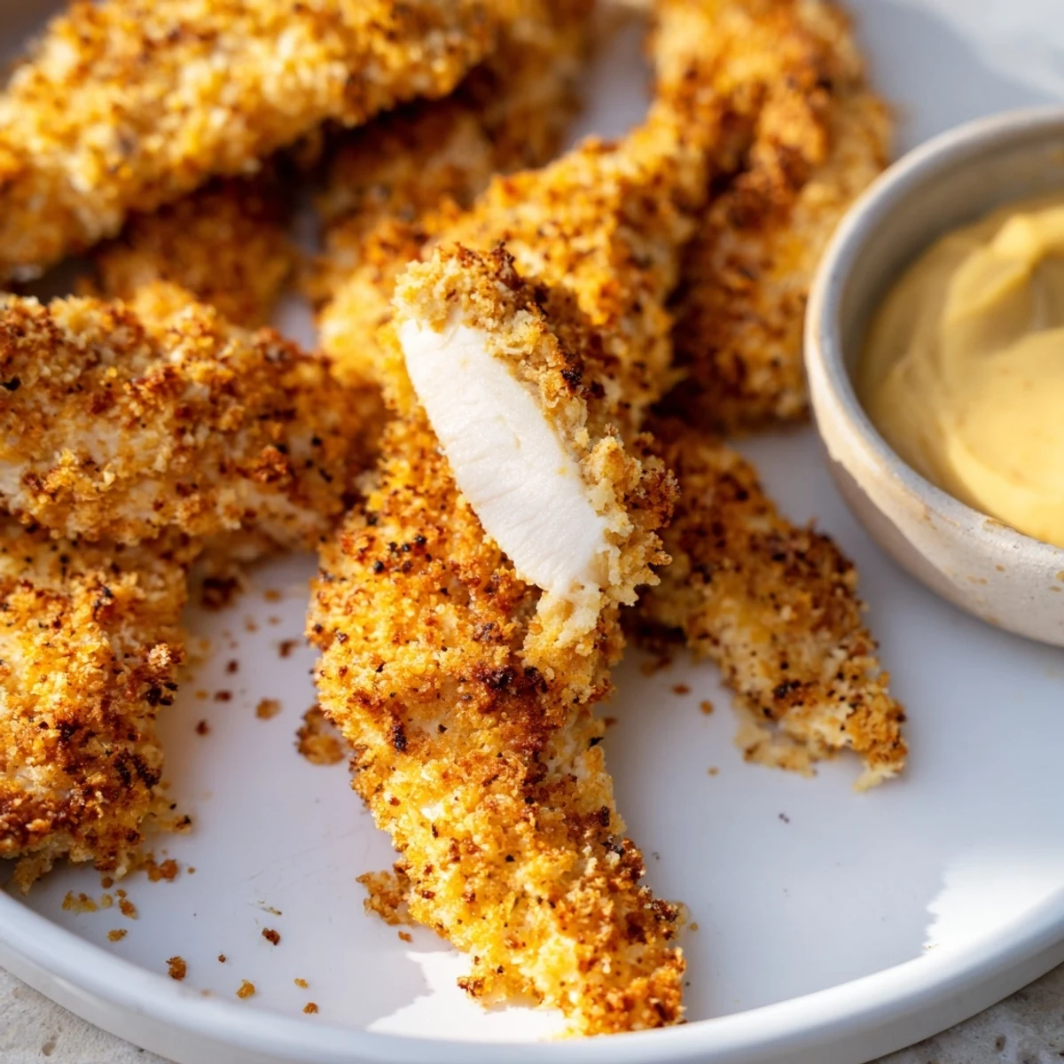 Tender chicken pieces coated in panko and Parmesan, ready to be dipped in homemade honey mustard sauce.
