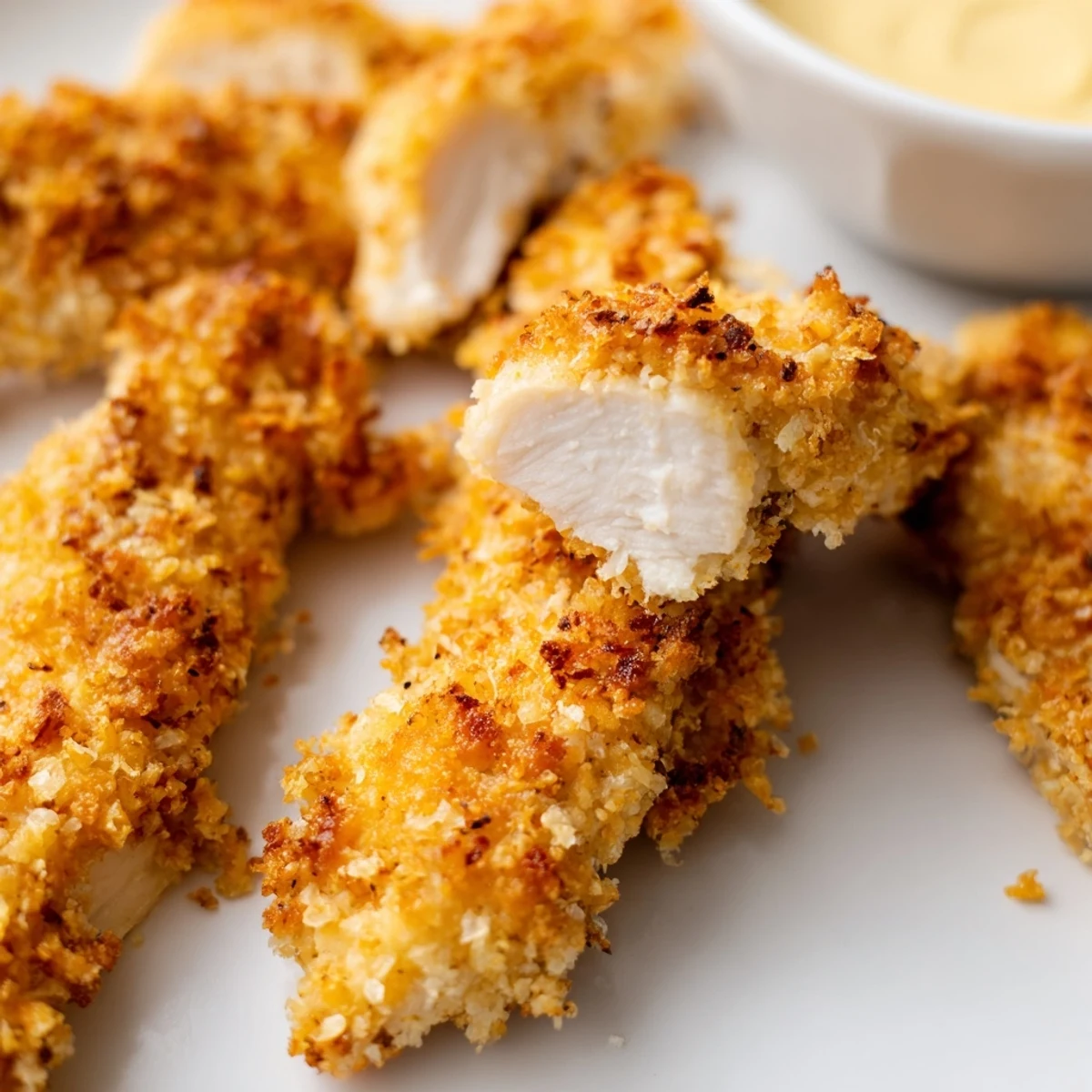 A close-up of golden brown Crispy Baked Chicken Tenders with Honey Mustard, perfect for a family dinner.