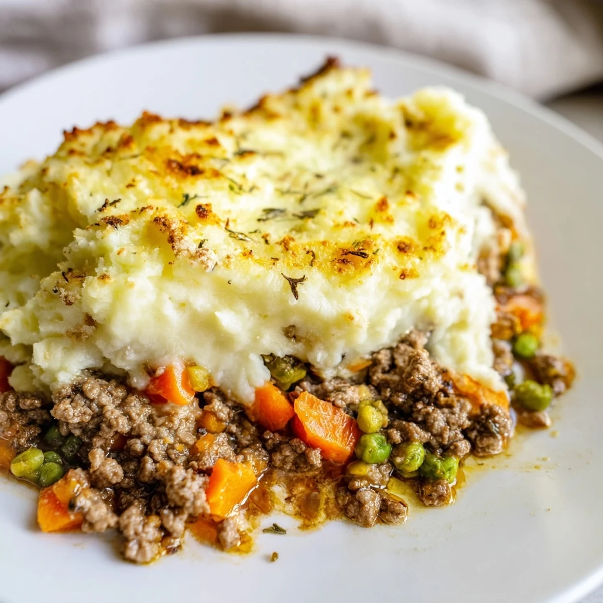 Golden brown cauliflower mash covers a bubbling pan of savory Beef Shepherds Pie, served hot.