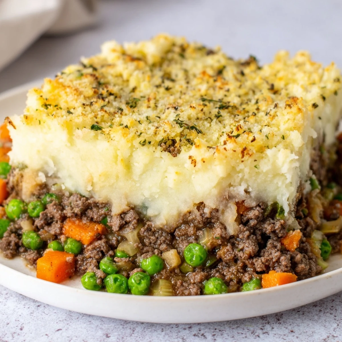 Steam rises from a rustic dish of Beef Shepherds Pie with a creamy cauliflower mash topping.