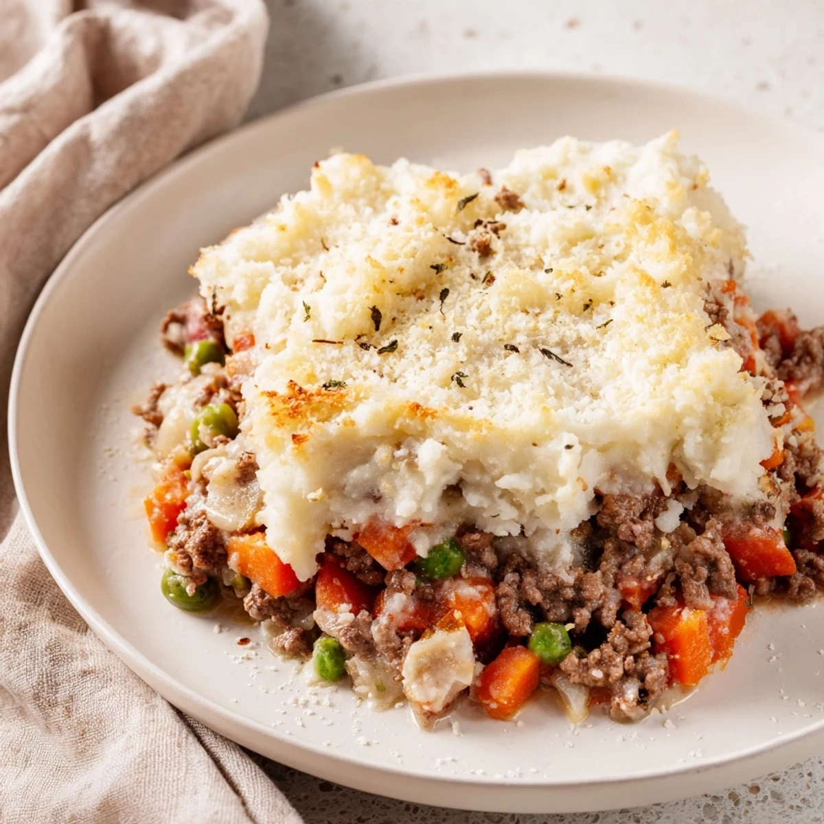 A spoon scoops into the gluten-free Beef Shepherds Pie revealing peas, carrots, and beef filling.