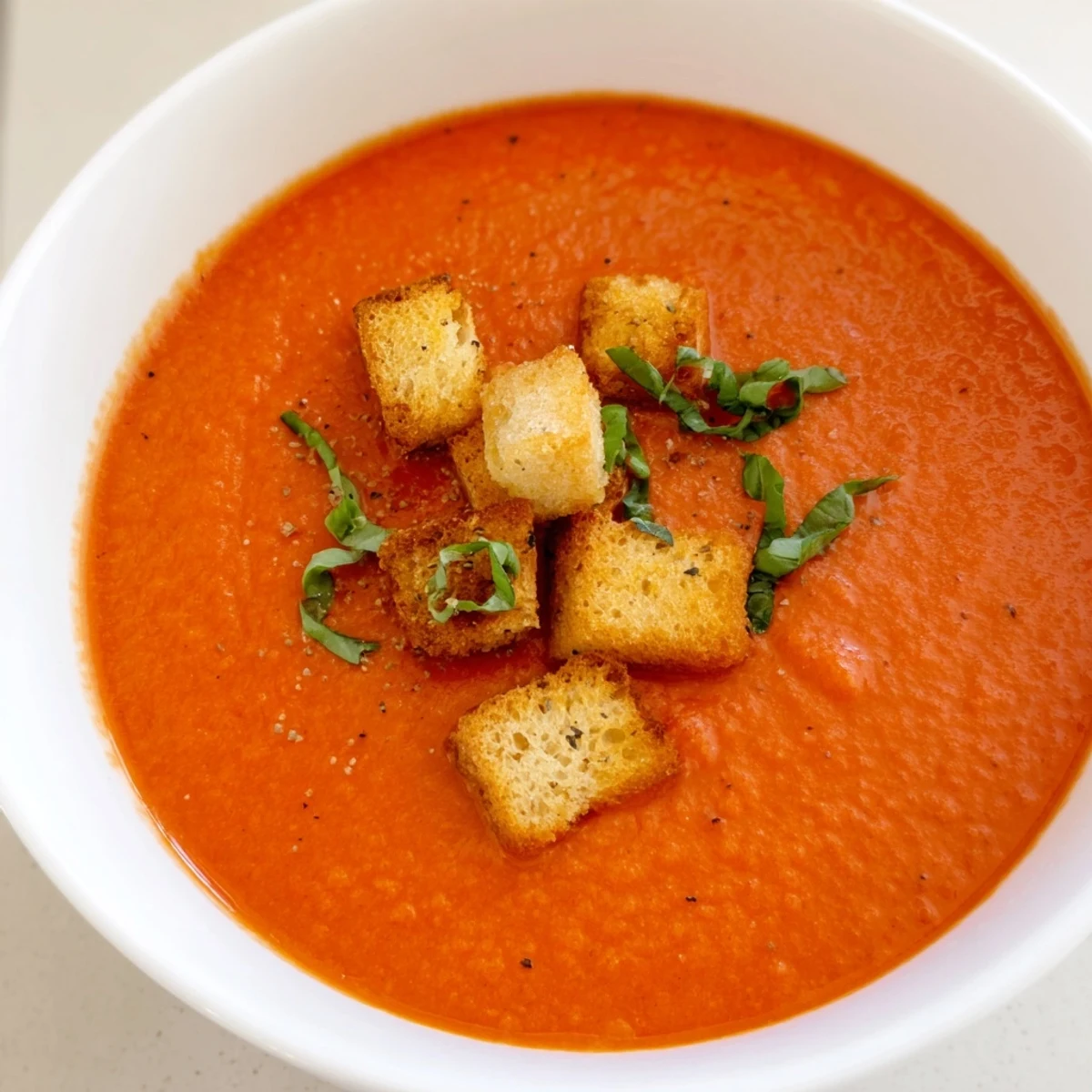 Creamy Tomato Basil Bisque with Croutons served hot in a white bowl with a fresh basil garnish.