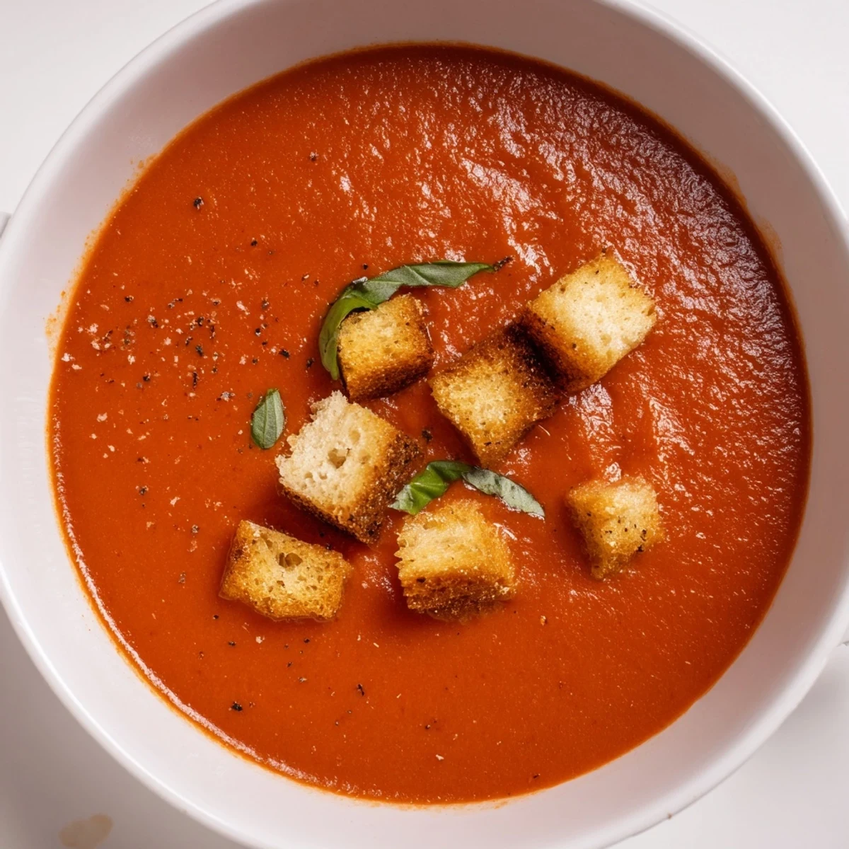 A comforting bowl of Creamy Tomato Basil Bisque with Croutons, perfect with a grilled cheese sandwich.