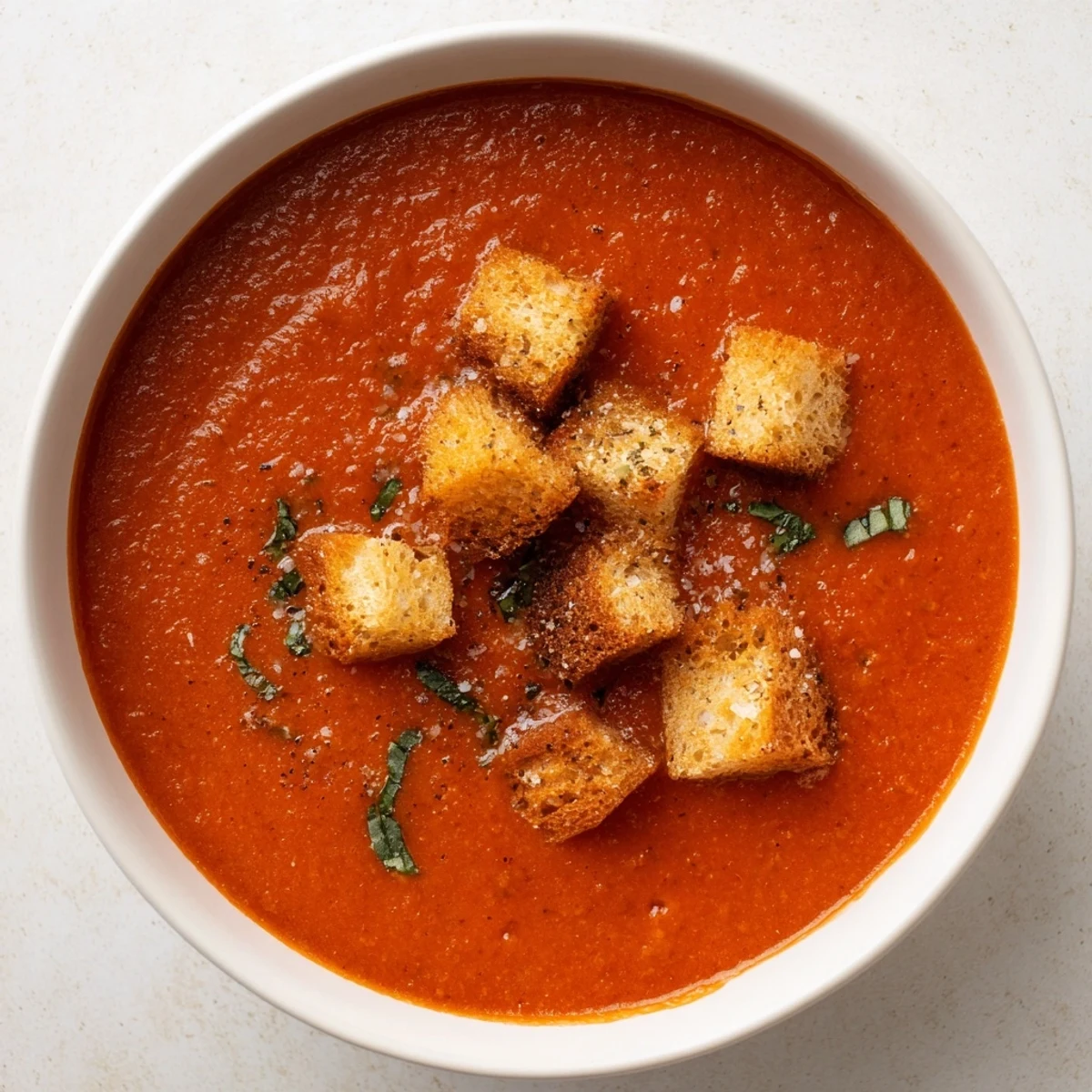 Steaming Creamy Tomato Basil Bisque with Croutons topped with golden, crunchy croutons, ideal for chilly evenings.