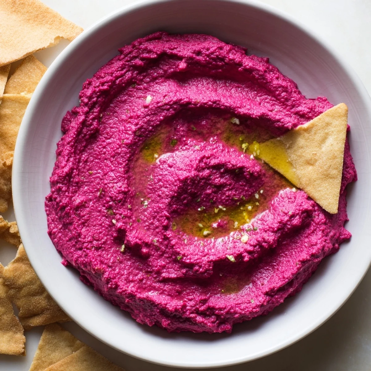 A bowl of homemade roasted beet hummus garnished with olive oil, ready to serve with crispy pita chips.