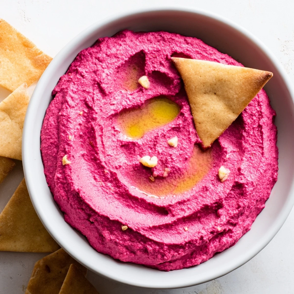 Bright pink roasted beet hummus sits in a bowl next to golden baked pita triangles on a wooden board.