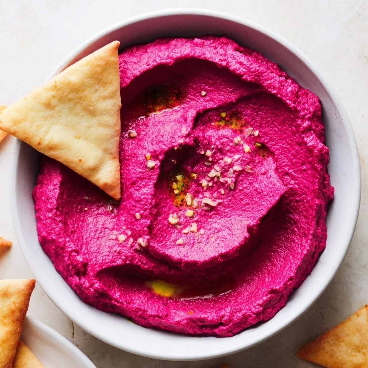 Vibrant, creamy roasted beet hummus paired with smoky baked pita chips for a colorful vegan appetizer platter.