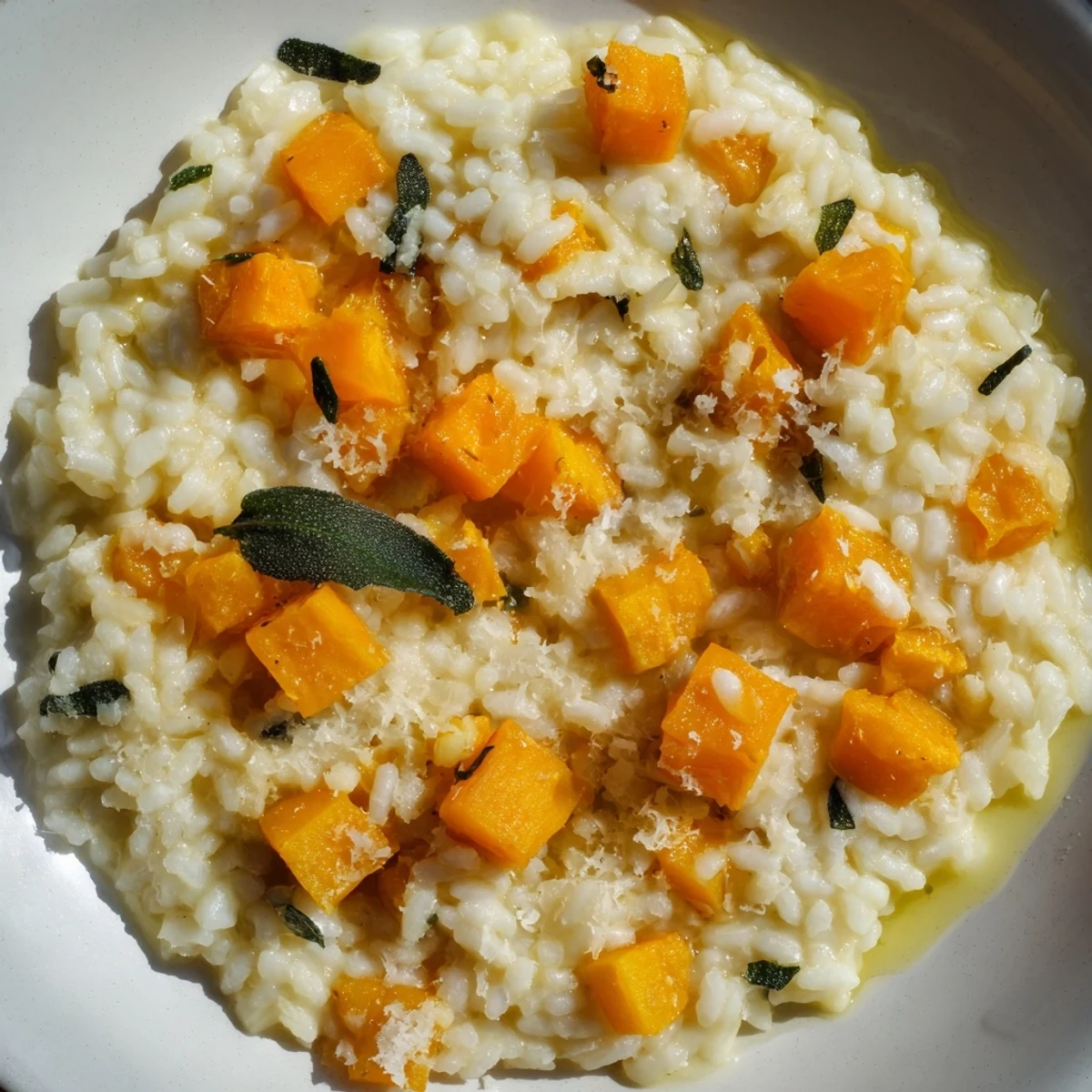 Creamy Winter Squash Risotto with Sage and Parmesan, garnished with fresh herbs and served warm in a rustic bowl.
