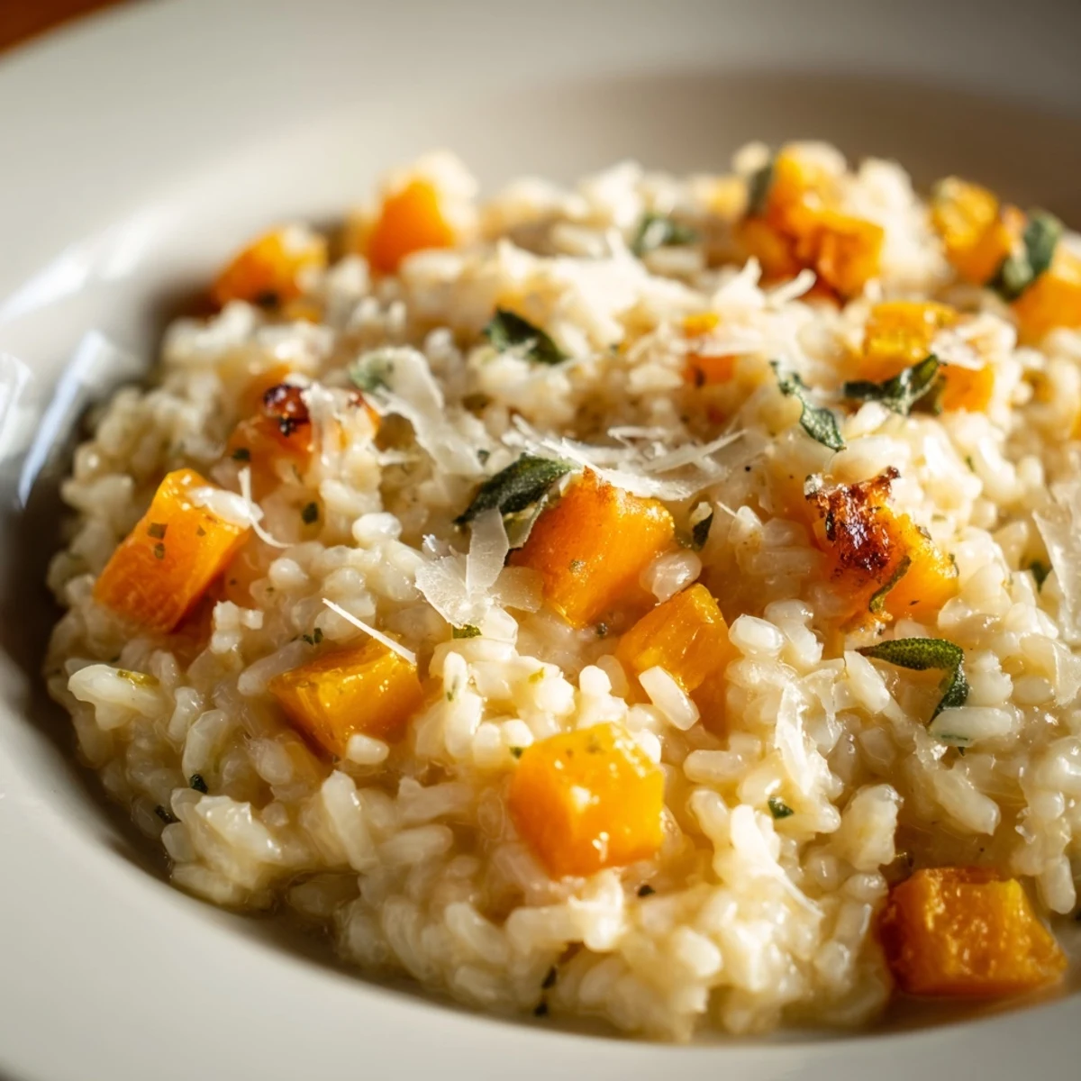 A hearty bowl of Winter Squash Risotto with Sage and Parmesan, featuring tender roasted squash and fragrant sage leaves.