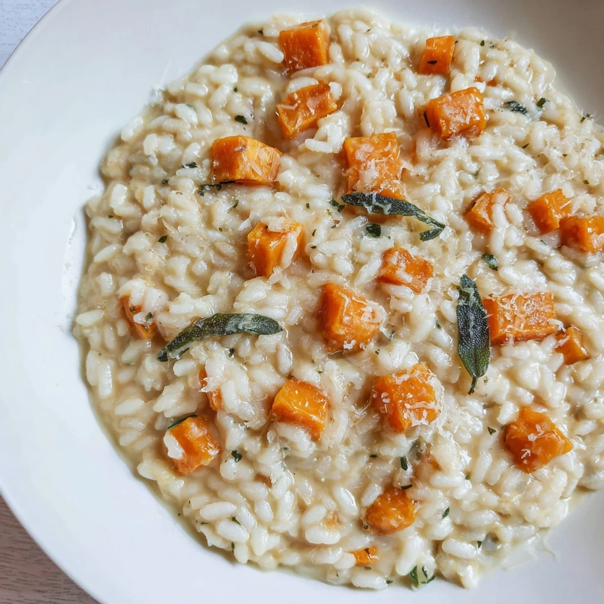Flavorful Winter Squash Risotto with Sage and Parmesan, swirled with butter and topped with grated Parmesan on a wood table.