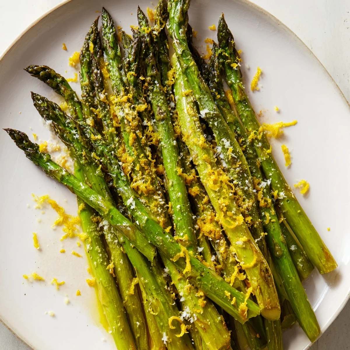 Tender roasted asparagus spears, golden and caramelized, topped with fresh Parmesan and a bright squeeze of lemon juice.