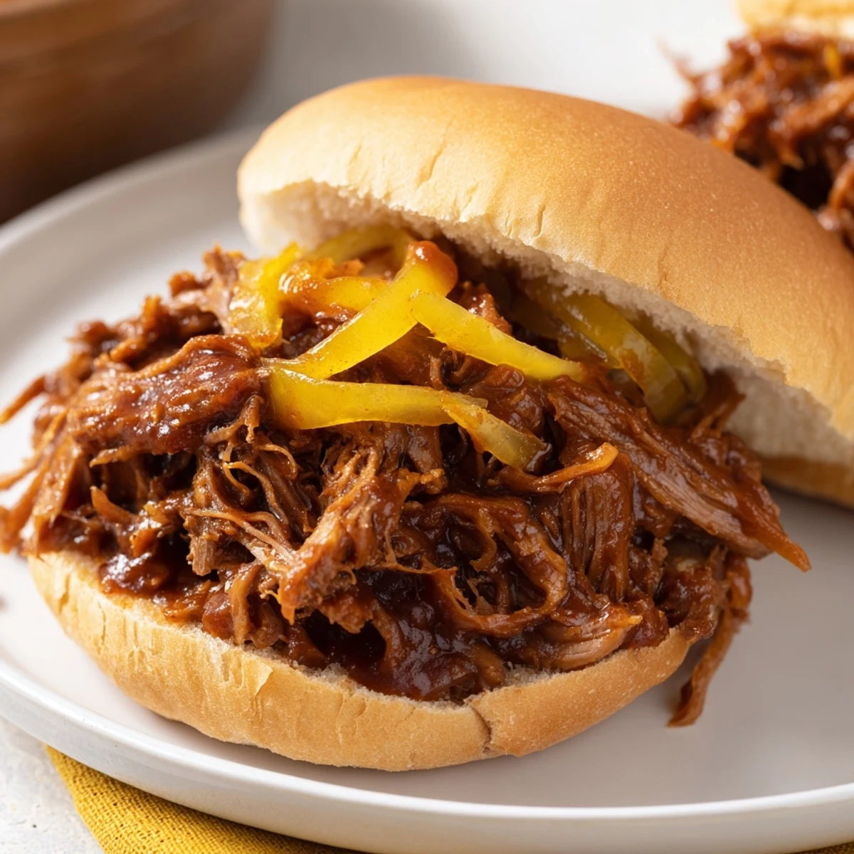 Gooey Slow Cooker Pulled Beef Sandwiches piled high on a soft bun with tangy barbecue sauce and coleslaw.