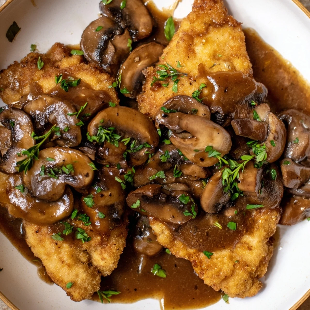 Freshly cooked Chicken Marsala with mushrooms features tender chicken cutlets and a spoonful of thickened sauce.