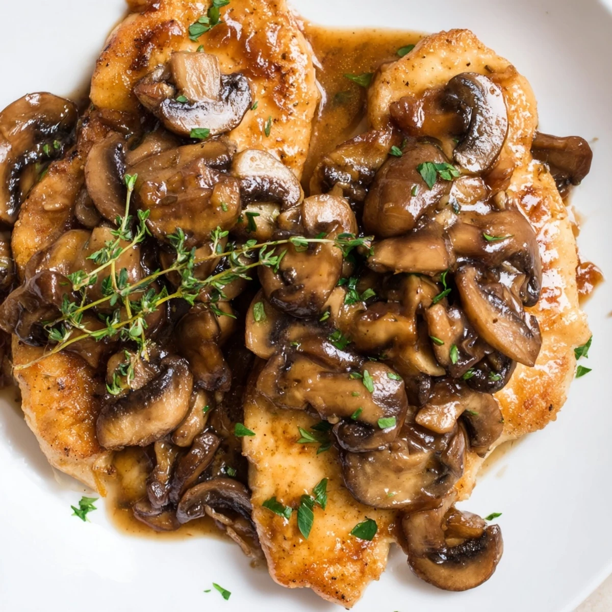 Sliced chicken breasts in a savory Marsala mushroom sauce are served alongside creamy mashed potatoes. 