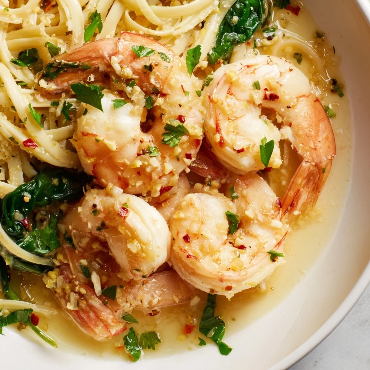 Steaming Lemon Garlic Shrimp Pasta with Spinach served in a white bowl, garnished with fresh parsley and lemon wedges.  