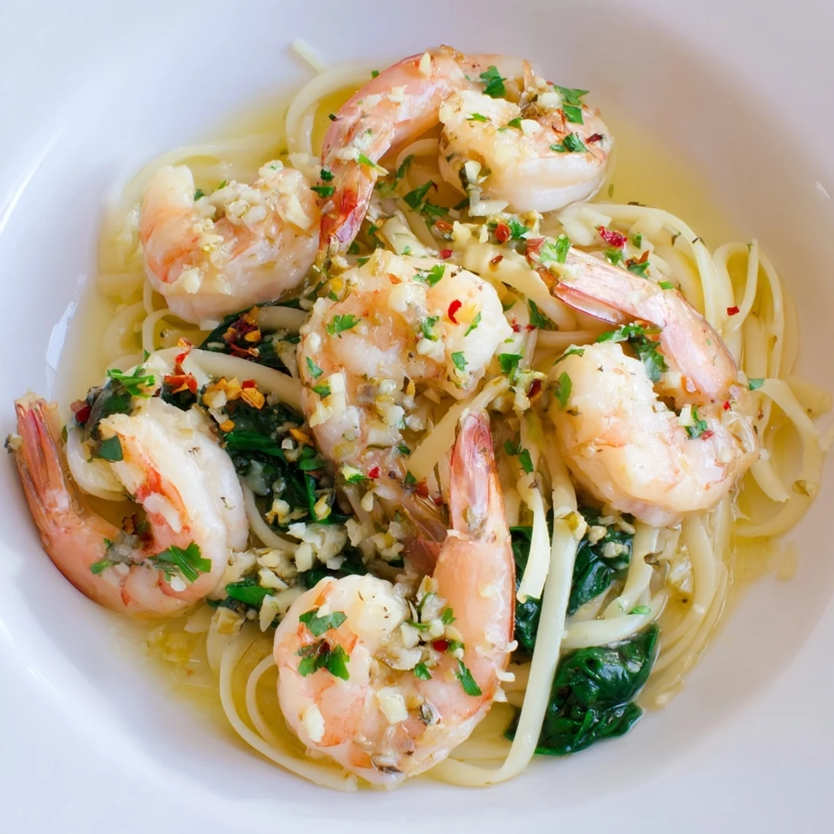 A close-up of sautéed shrimp, spinach, and linguine tossed in a glossy lemon-garlic sauce.  