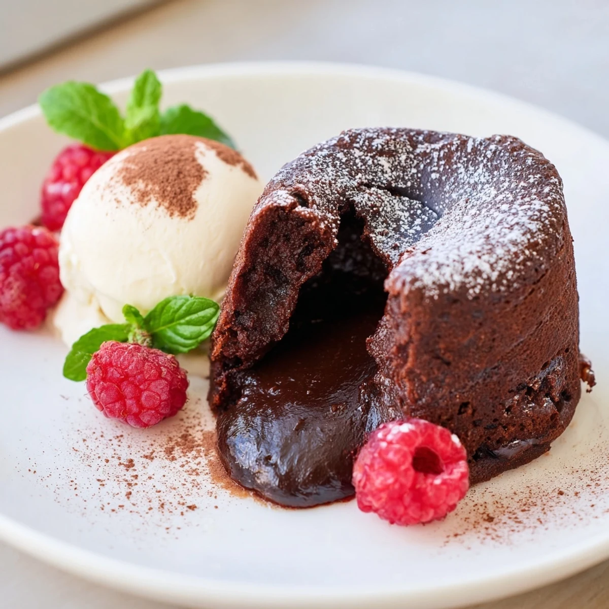 Warm chocolate lava cakes with molten centers sit beside melting vanilla ice cream on a white plate, dusted with cocoa powder.