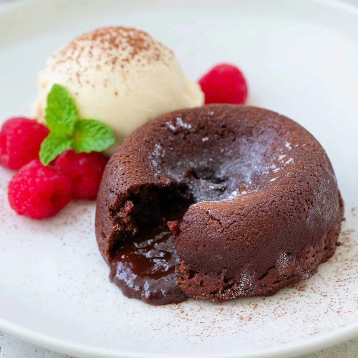 Serving suggestion: Two rich French lava cakes topped with creamy vanilla scoops, ready to serve at a cozy dessert party.