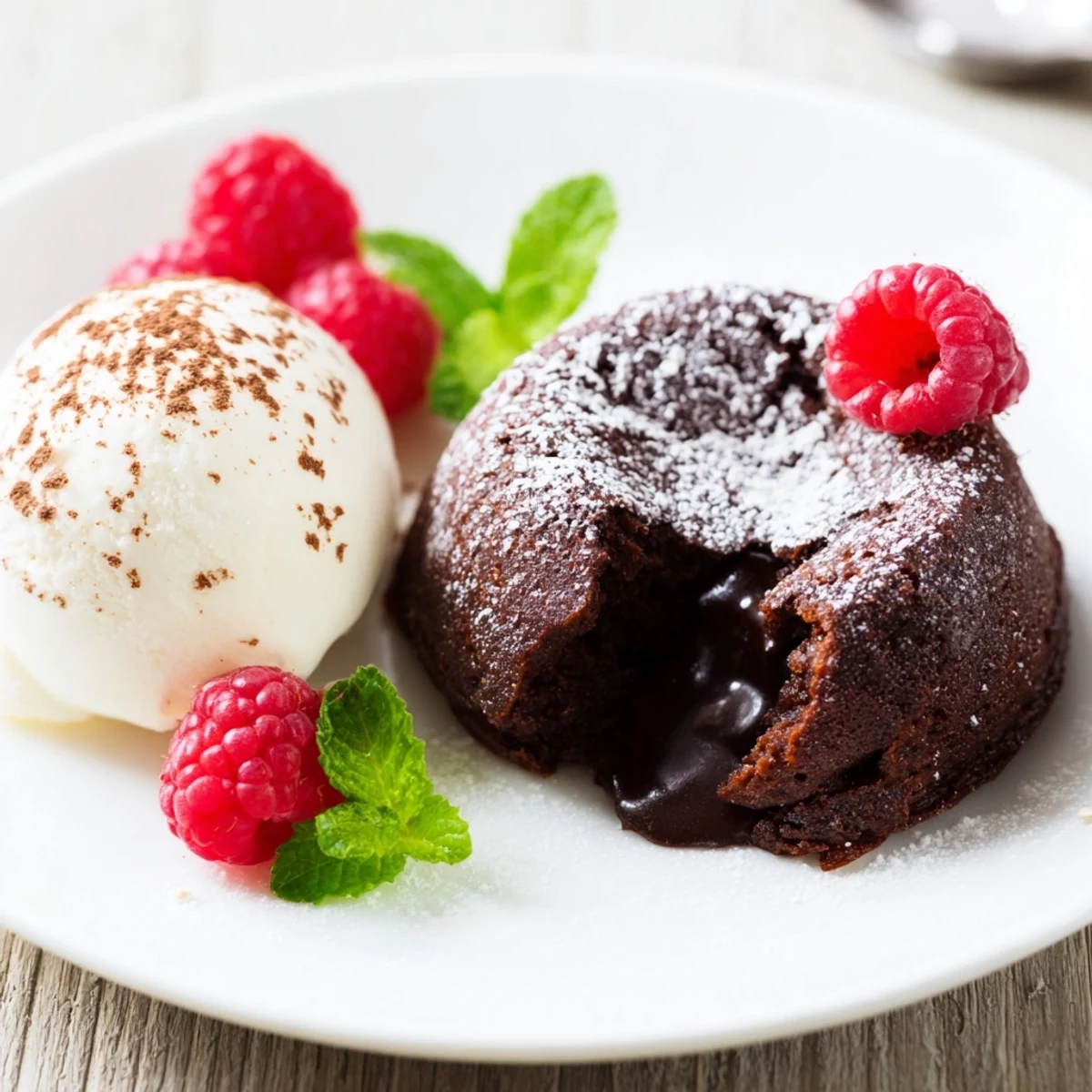 Decadent dessert photo: Golden-edged chocolate cakes with oozing centers, paired with vanilla ice cream and fresh mint garnish.