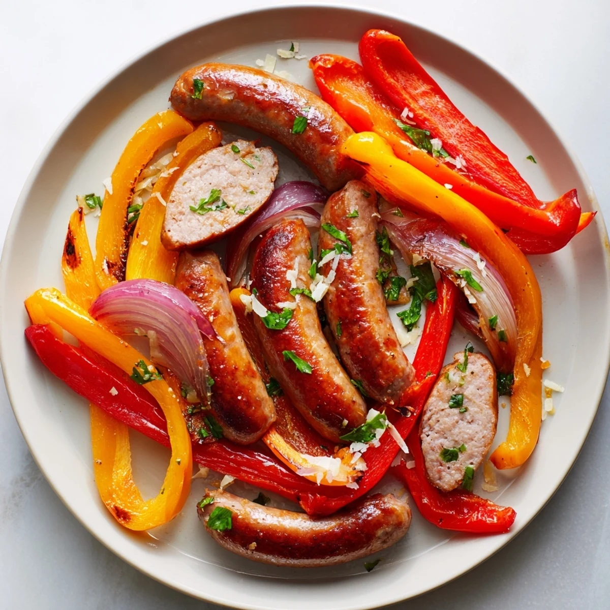 Golden-brown Italian sausages roast with colorful bell peppers and onions on a sheet pan. This Sheet Pan Sausage and Peppers is an easy, flavorful weeknight dinner. The savory aroma fills the kitchen as the vegetables caramelize around the juicy sausages. Served hot from the oven, this vibrant one-pan meal is perfect for busy families. Garnished with fresh parsley, it’s a gluten-free main dish that’s both hearty and colorful.