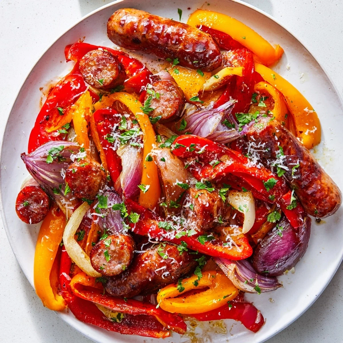 Freshly roasted Sheet Pan Sausage and Peppers served straight from the oven. The tender sausages are nestled among sweet, blistered peppers and onions in a single pan. A sprinkle of fresh parsley and optional Parmesan adds a bright finish to this simple meal. This Italian-American classic is a time-saving, gluten-free dinner option for any weeknight. Perfect for serving over rice or stuffing into crusty rolls for a satisfying sandwich.