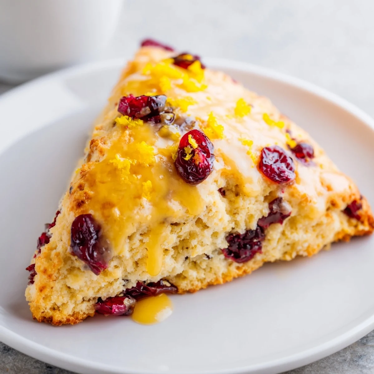 Golden-brown Cranberry Orange Scones with Orange Glaze are fresh from the oven on a rustic wooden board.