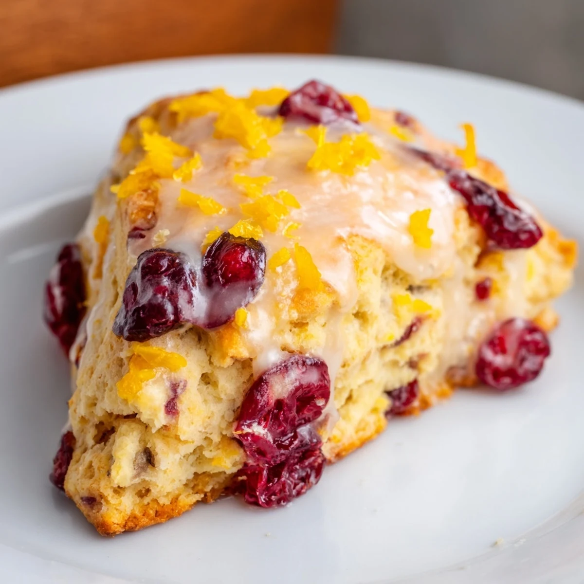 Freshly baked Cranberry Orange Scones with Orange Glaze served beside a steaming cup of black tea.