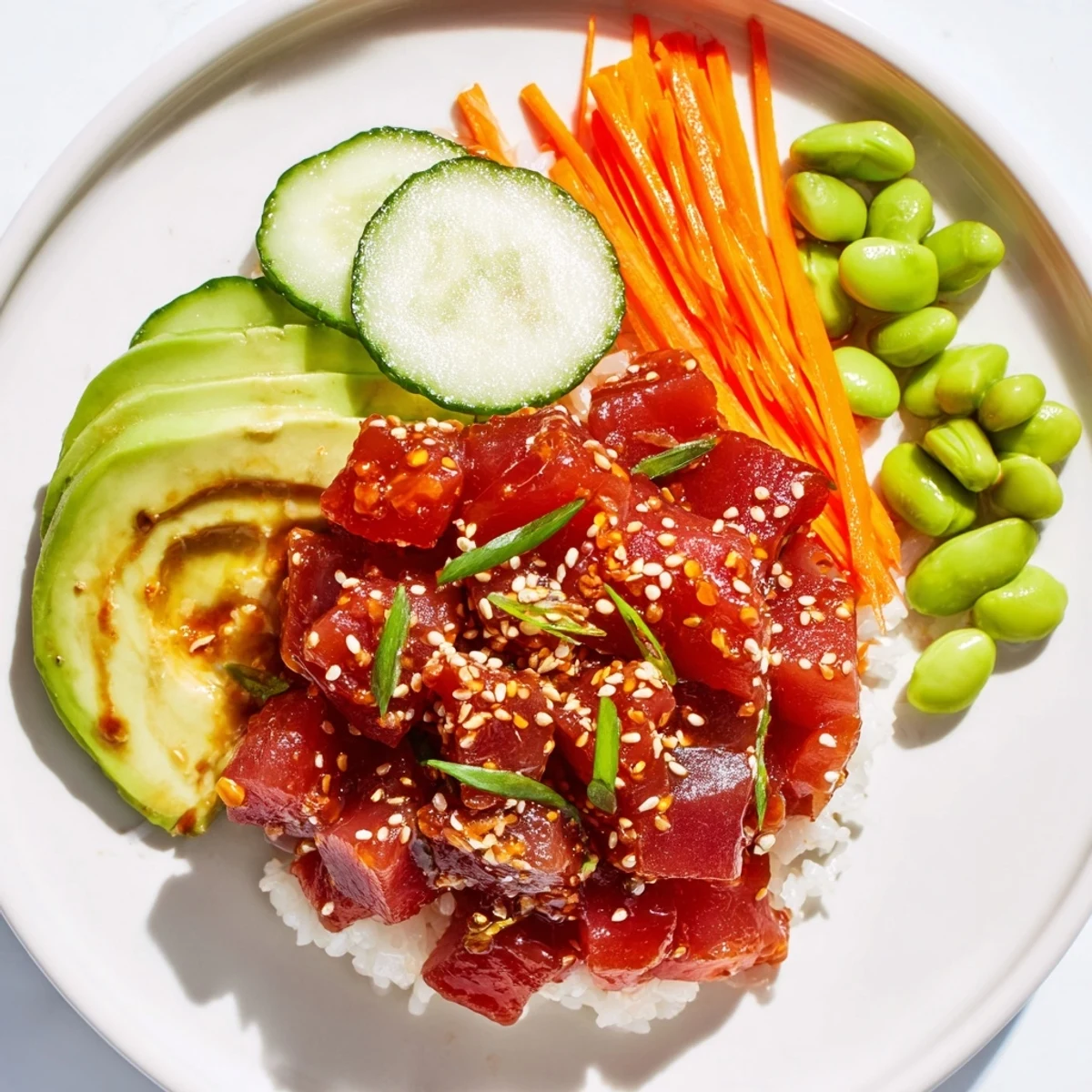 Freshly prepared Spicy Tuna Poke Bowl with Avocado featuring colorful toppings like cucumber, edamame, nori strips, and a drizzle of spicy mayo.