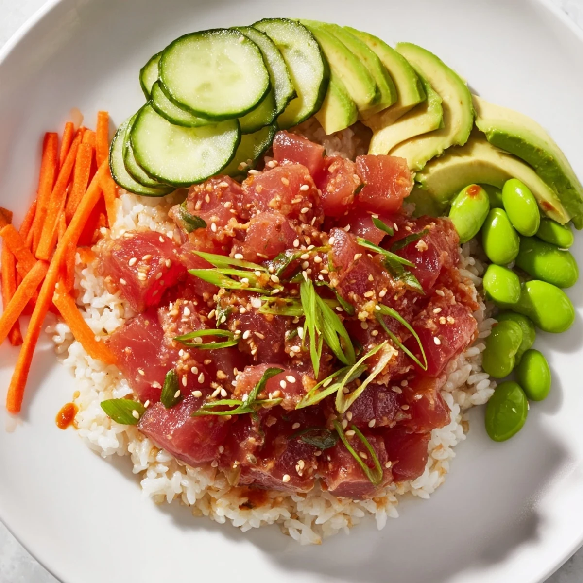 Serving suggestion for Spicy Tuna Poke Bowl with Avocado garnished with sesame seeds and chili slices, ready to eat with chopsticks.