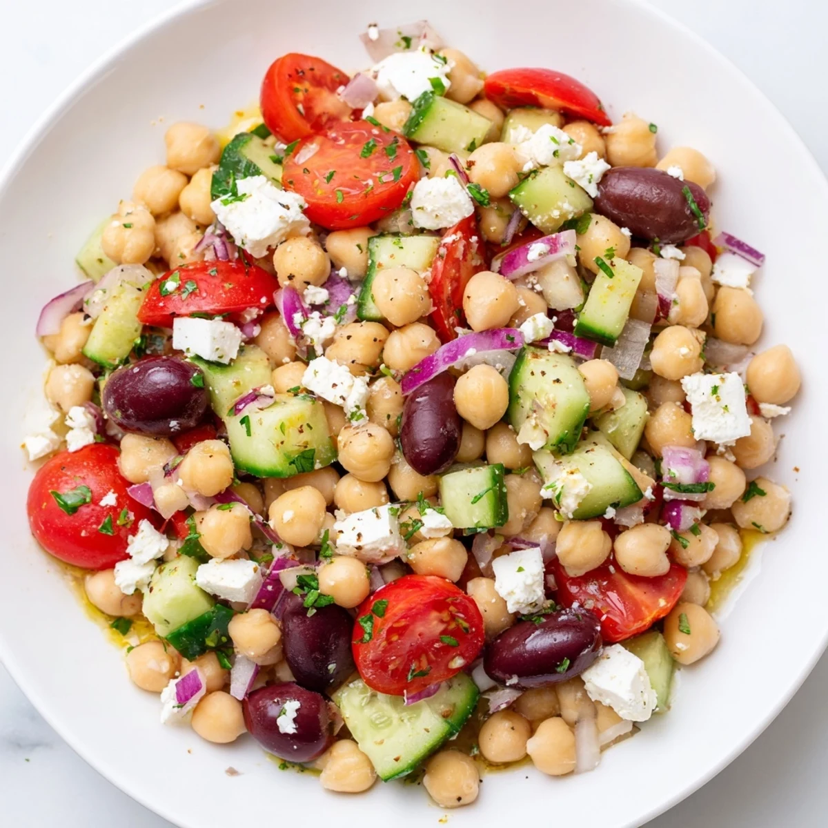 Bright Mediterranean Chickpea Salad in a white bowl with chickpeas, feta, and fresh veggies ready to serve.