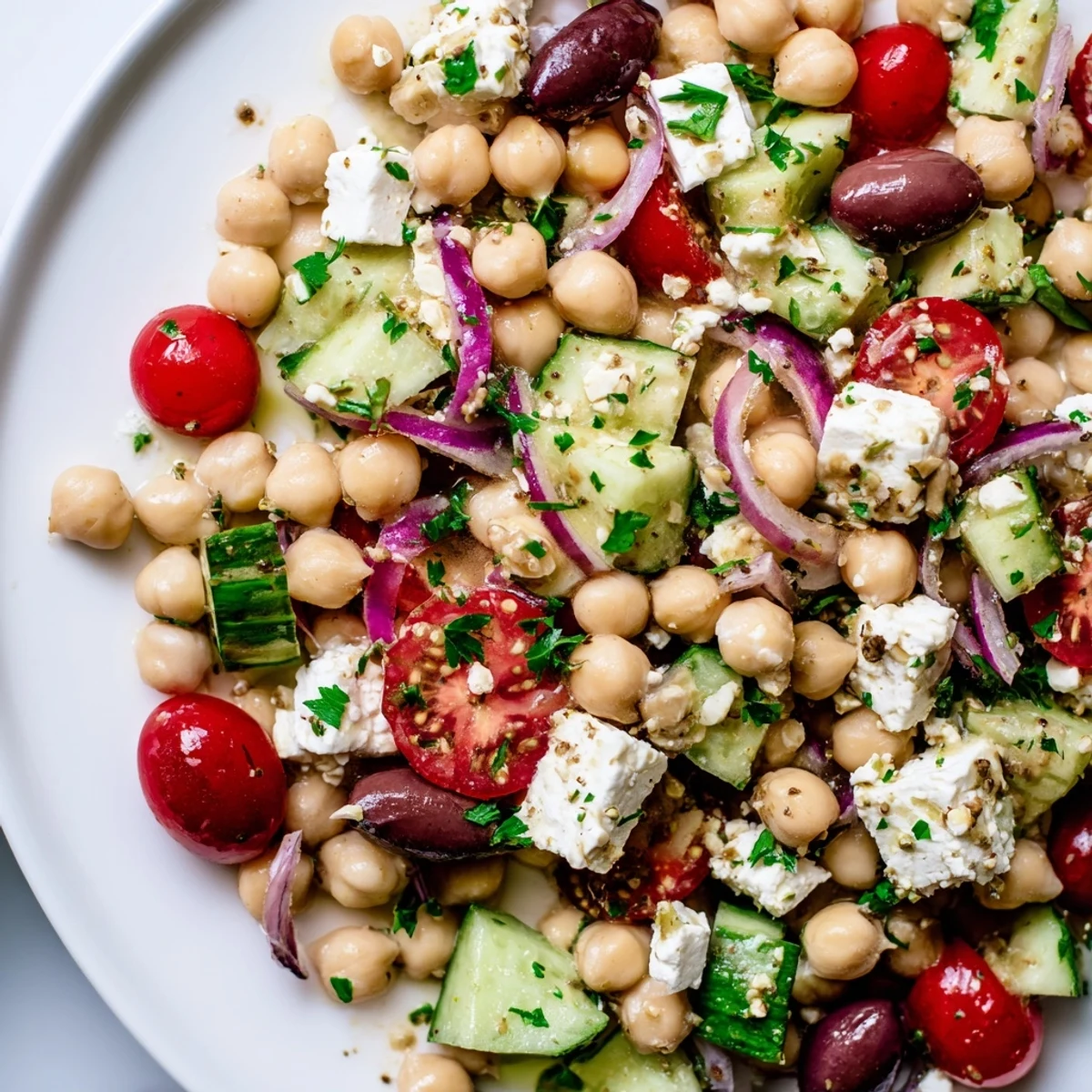 A close look at Mediterranean Chickpea Salad showing juicy tomatoes, red onion, and parsley, ideal for a light lunch.