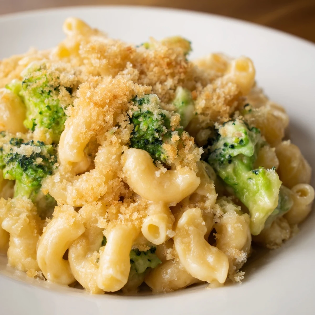 Golden, bubbly Baked Macaroni and Cheese with Broccoli fresh from the oven, with a crunchy breadcrumb topping.
