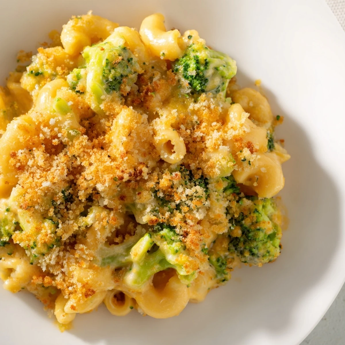 A spoon scoops into rich Baked Macaroni and Cheese with Broccoli, revealing tender broccoli florets inside.