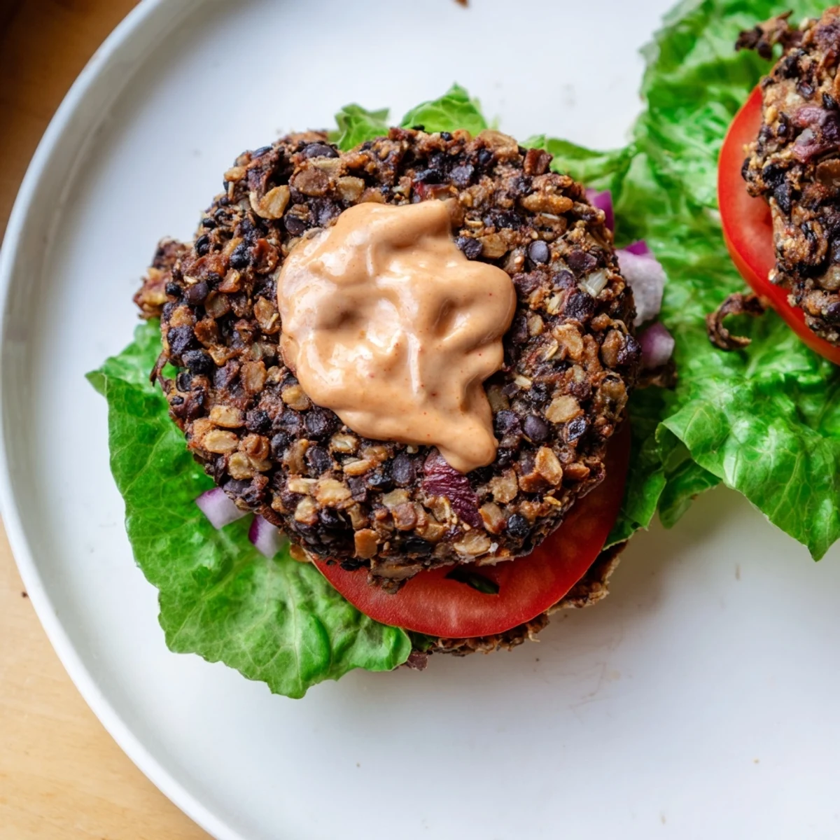 A hearty vegan black bean burger with chipotle mayo, served with crispy sweet potato fries on the side.