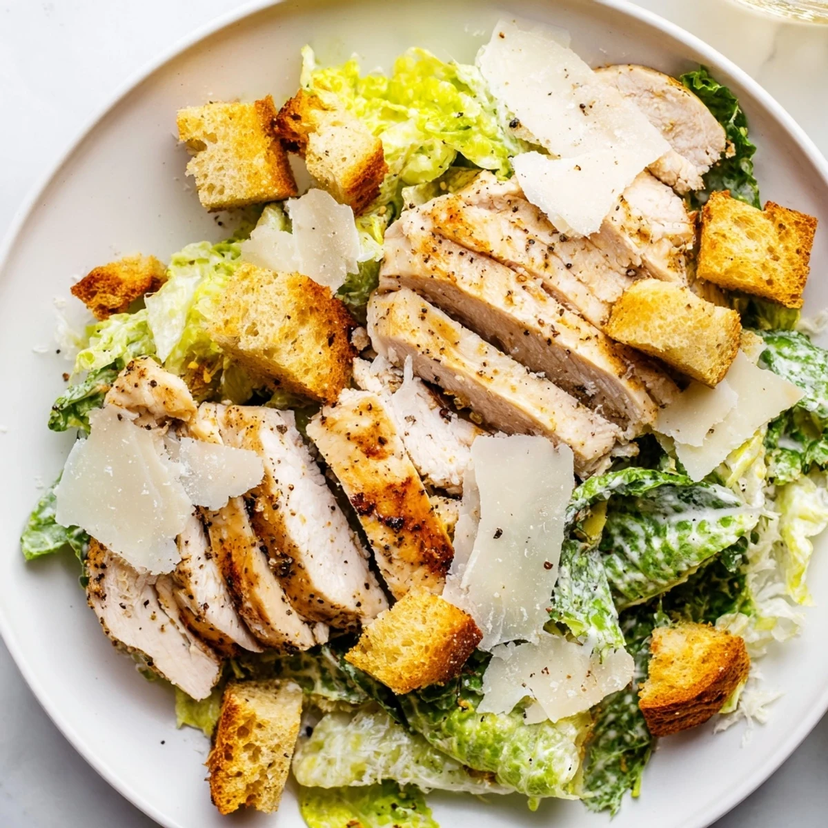 Grilled chicken slices rest atop crisp romaine lettuce in a classic Chicken Caesar Salad with Homemade Croutons.  