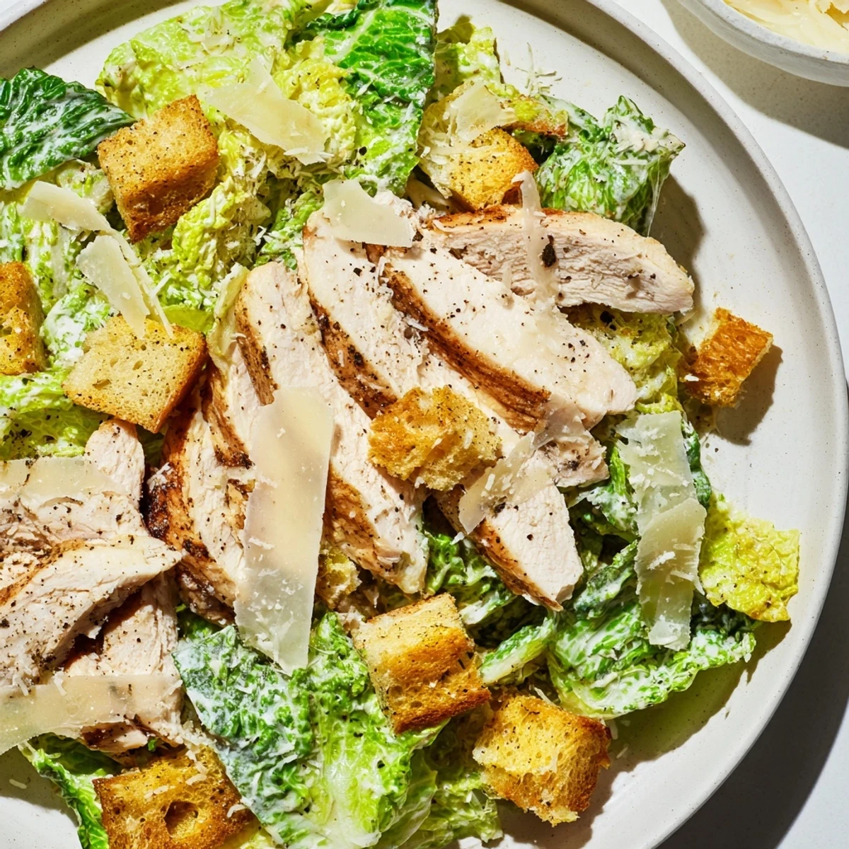 A fresh close-up shows creamy dressing tossed with crunchy croutons and shaved Parmesan.  