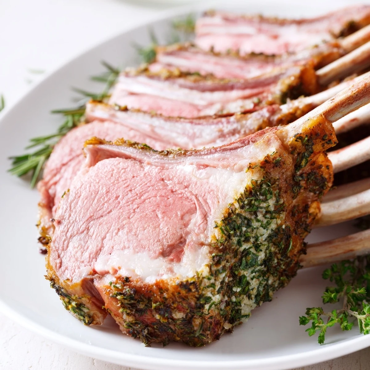 A juicy Roasted Rack of Herbs resting on a serving platter, garnished with fresh rosemary and thyme.