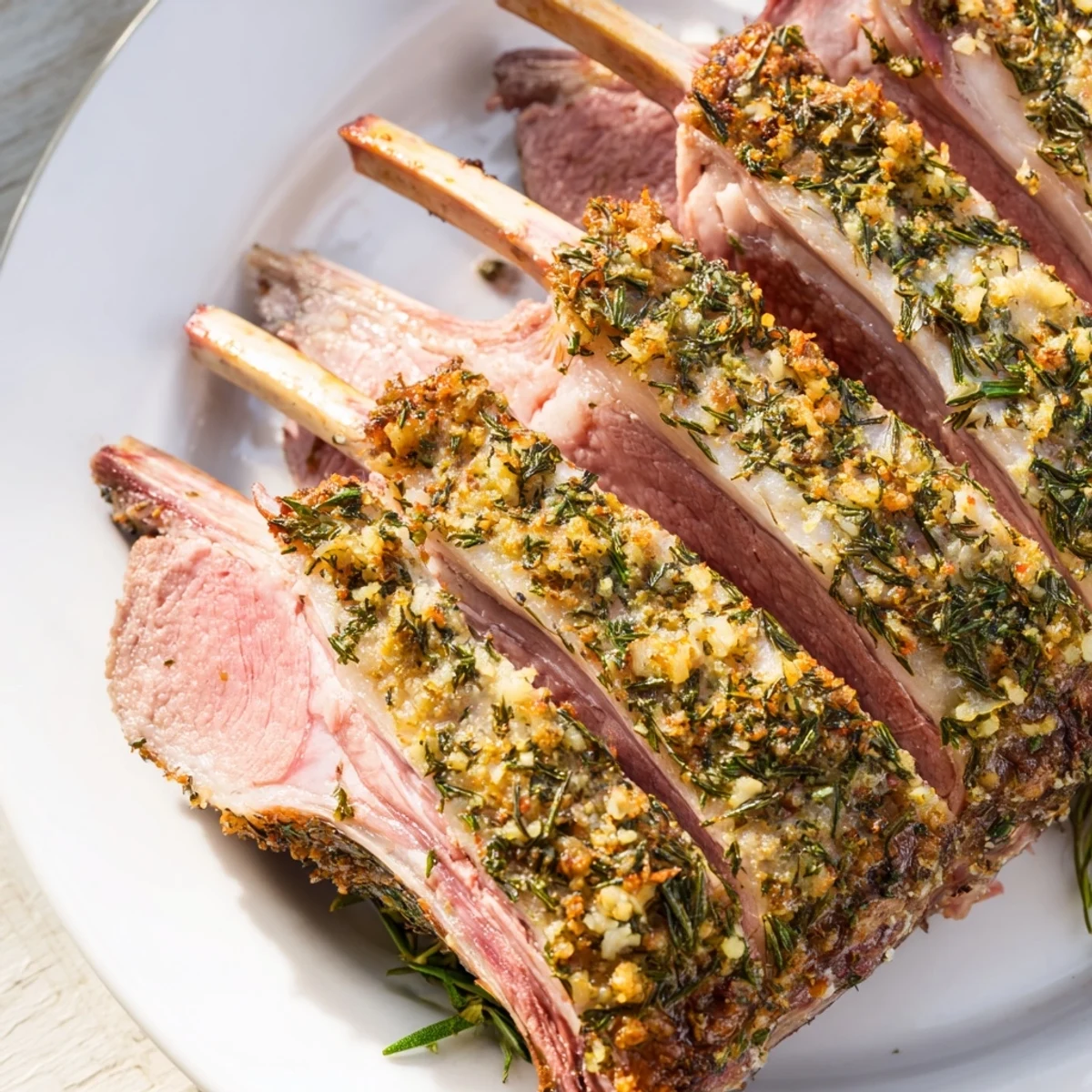 Freshly sliced Roasted Rack of Lamb with Herbs chops fanned out on a plate next to lemon wedges.