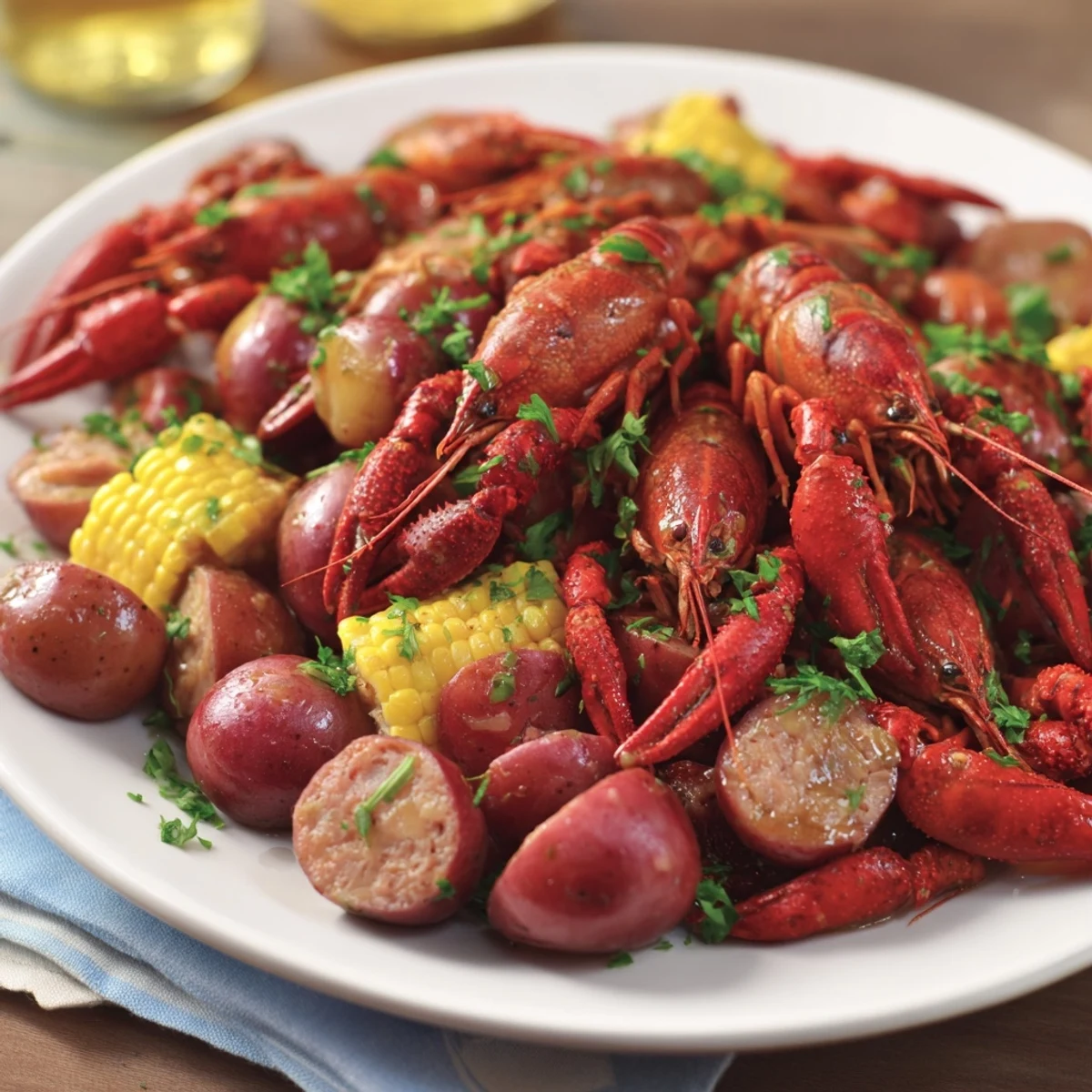 A vibrant Louisiana Style Crawfish Boil featuring red potatoes, corn, and spicy sausage on a tray.