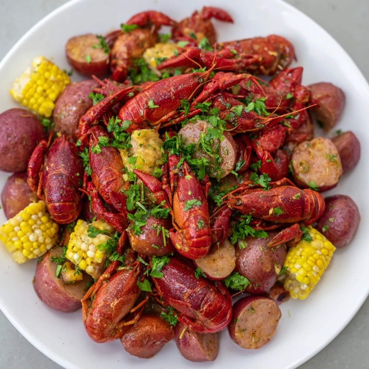 Steaming Louisiana Style Crawfish Boil with Potatoes, corn, and andouille sausage piled high on a platter.