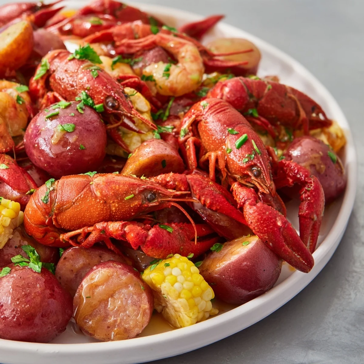 Heaping platter of Louisiana Style Crawfish Boil with potatoes, corn, and andouille served with lemon wedges.