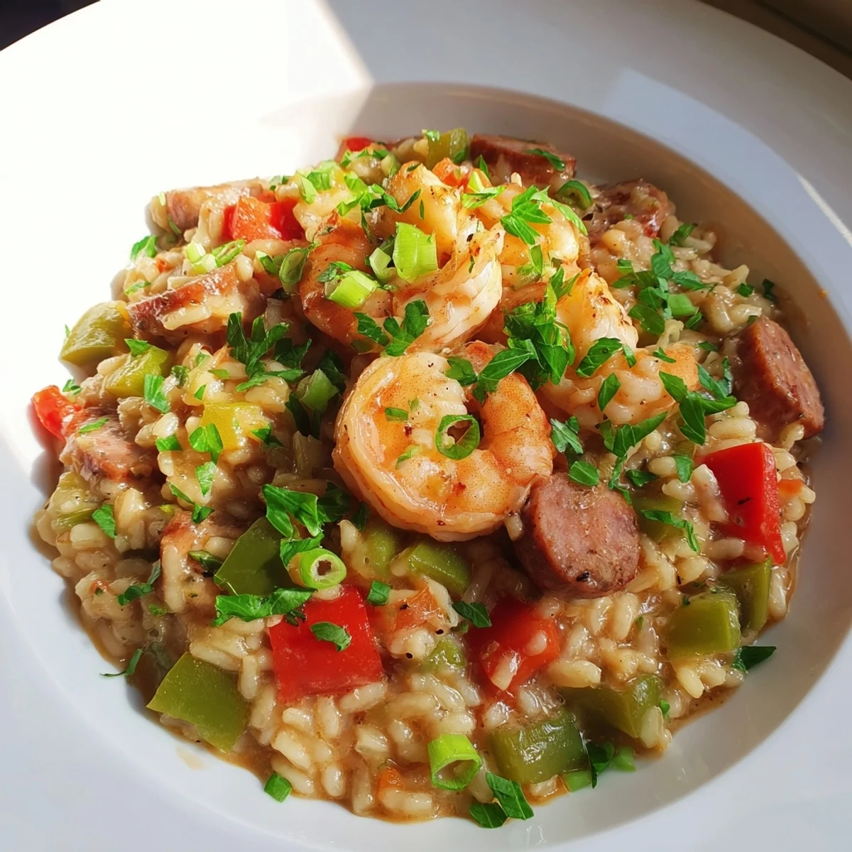 Hearty Creole Jambalaya Risotto with Shrimp is plated next to a crisp white wine.