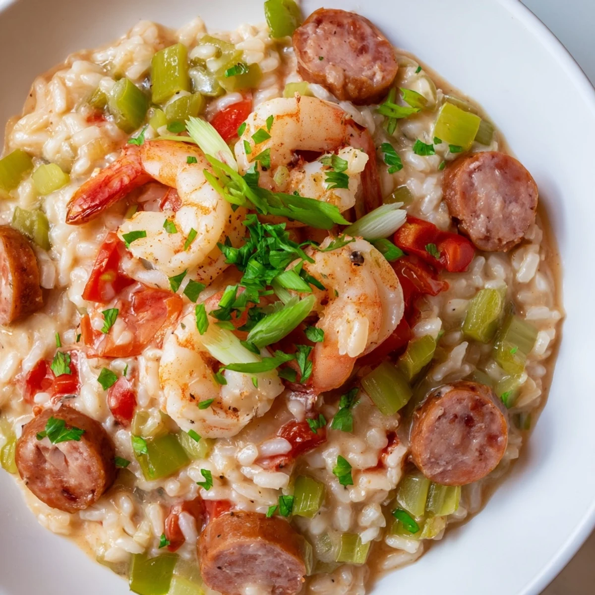 Steam rises from a creamy serving of Creole Jambalaya Risotto with Shrimp and andouille sausage.